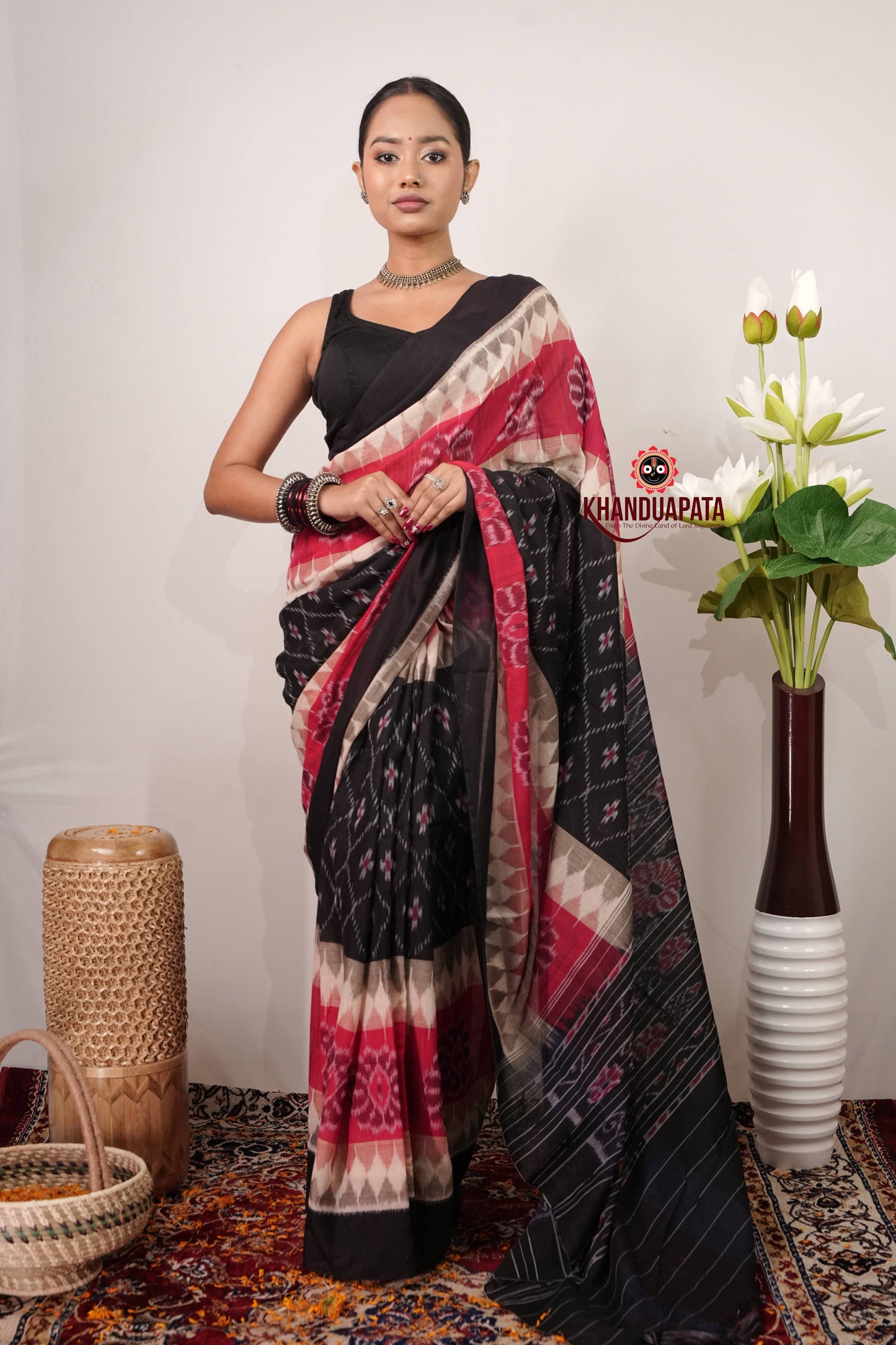 Black & Red Body Design Cotton Saree For Women