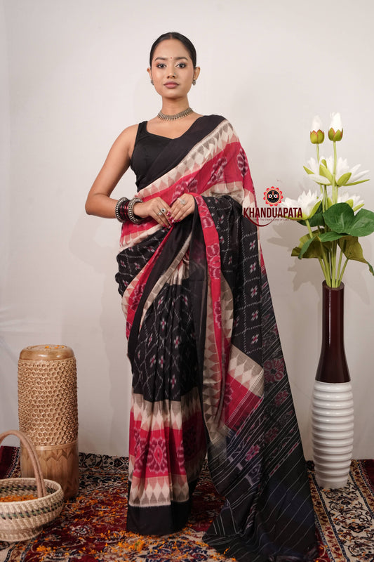 Black & Red Body Design Cotton Saree For Women