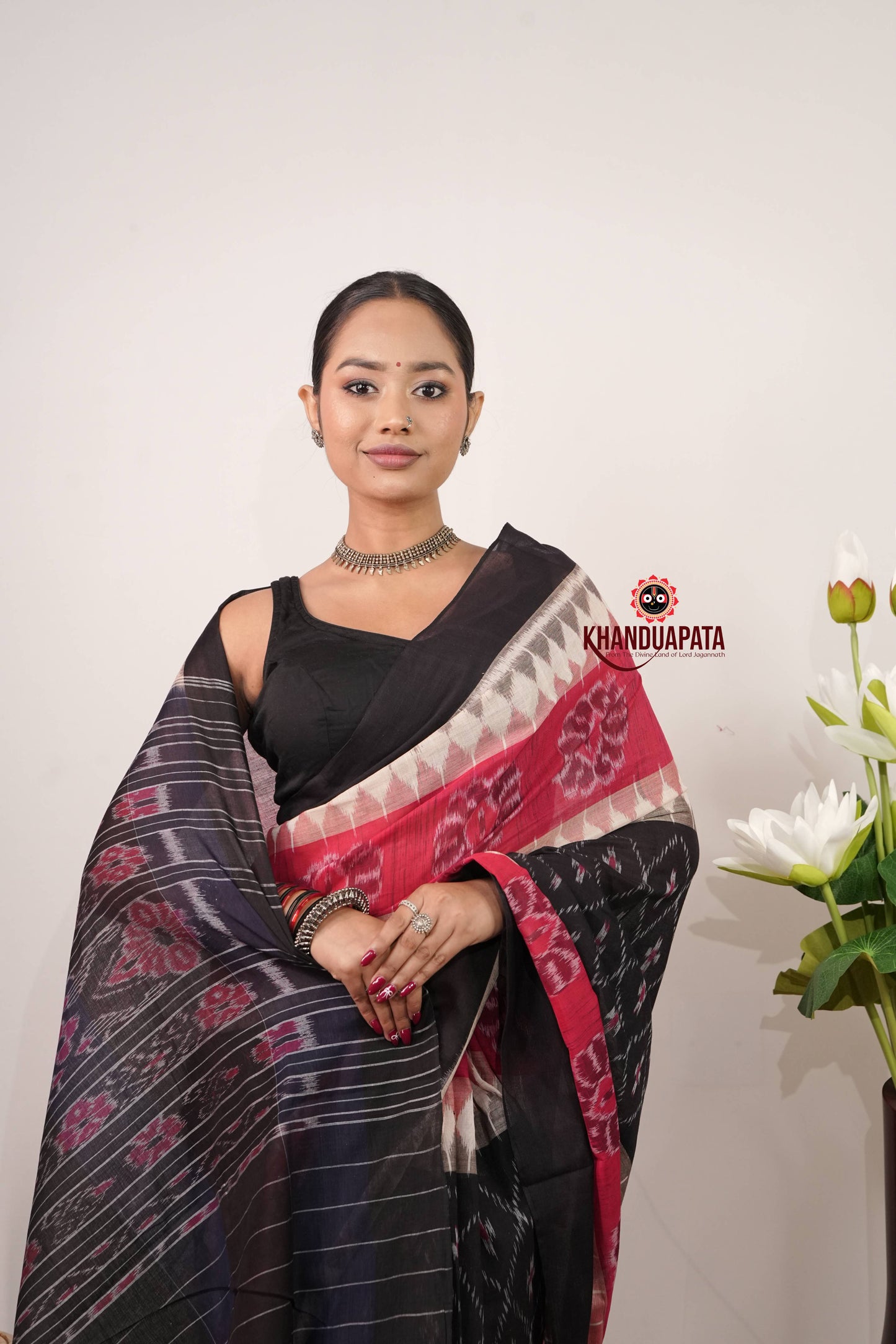 Black & Red Body Design Cotton Saree For Women