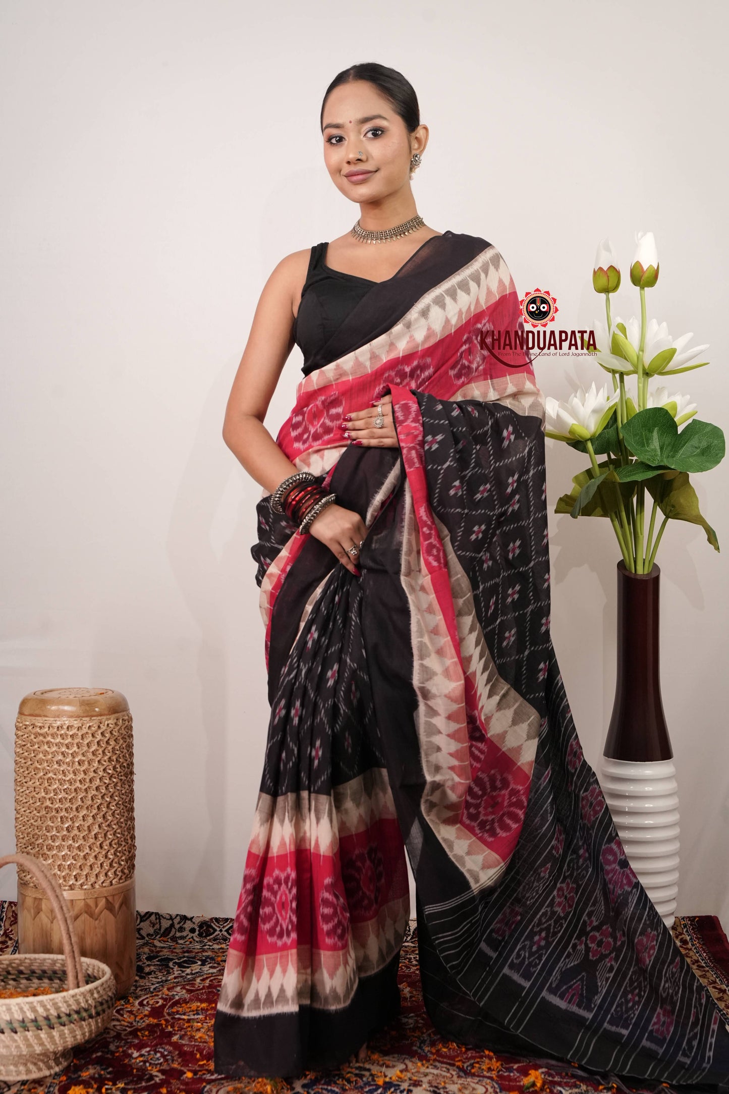Black & Red Body Design Cotton Saree For Women