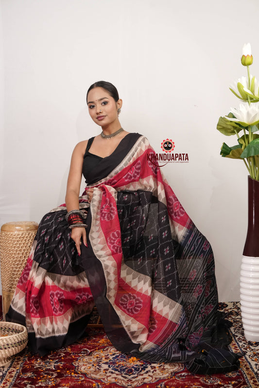 Black & Red Body Design Cotton Saree For Women