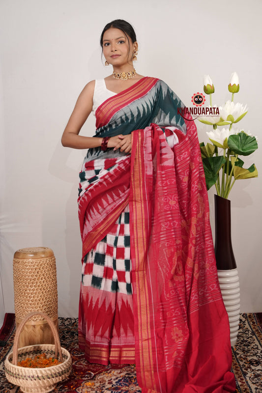 Green & Red Box Pasapali Design Cotton Saree For Women