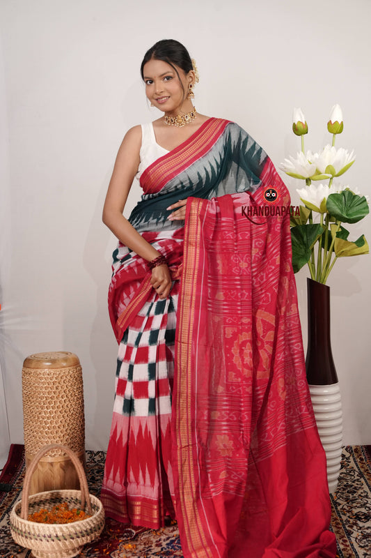 Green & Red Box Pasapali Design Cotton Saree For Women