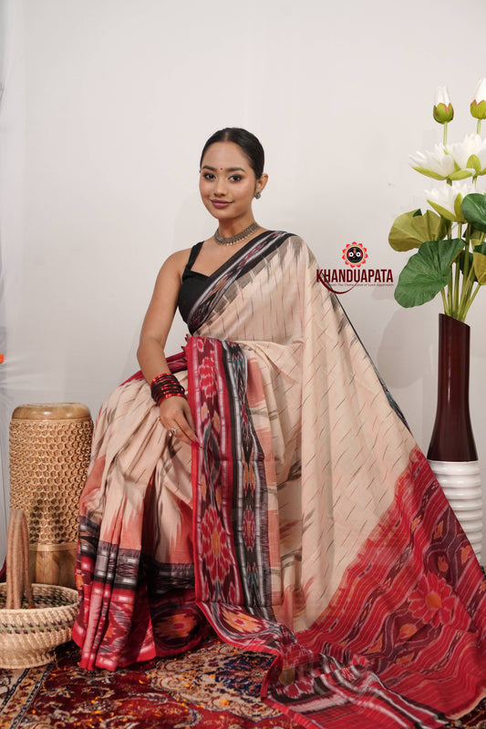 Beige & Red Body Design Cotton Saree For Women