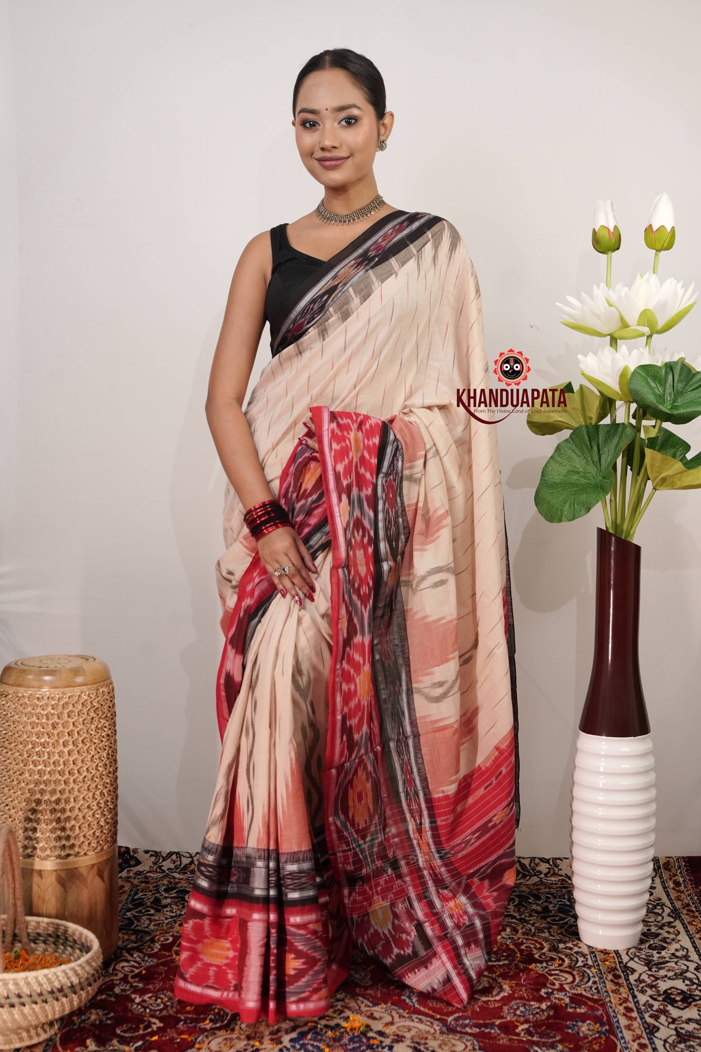 Beige & Red Body Design Cotton Saree For Women