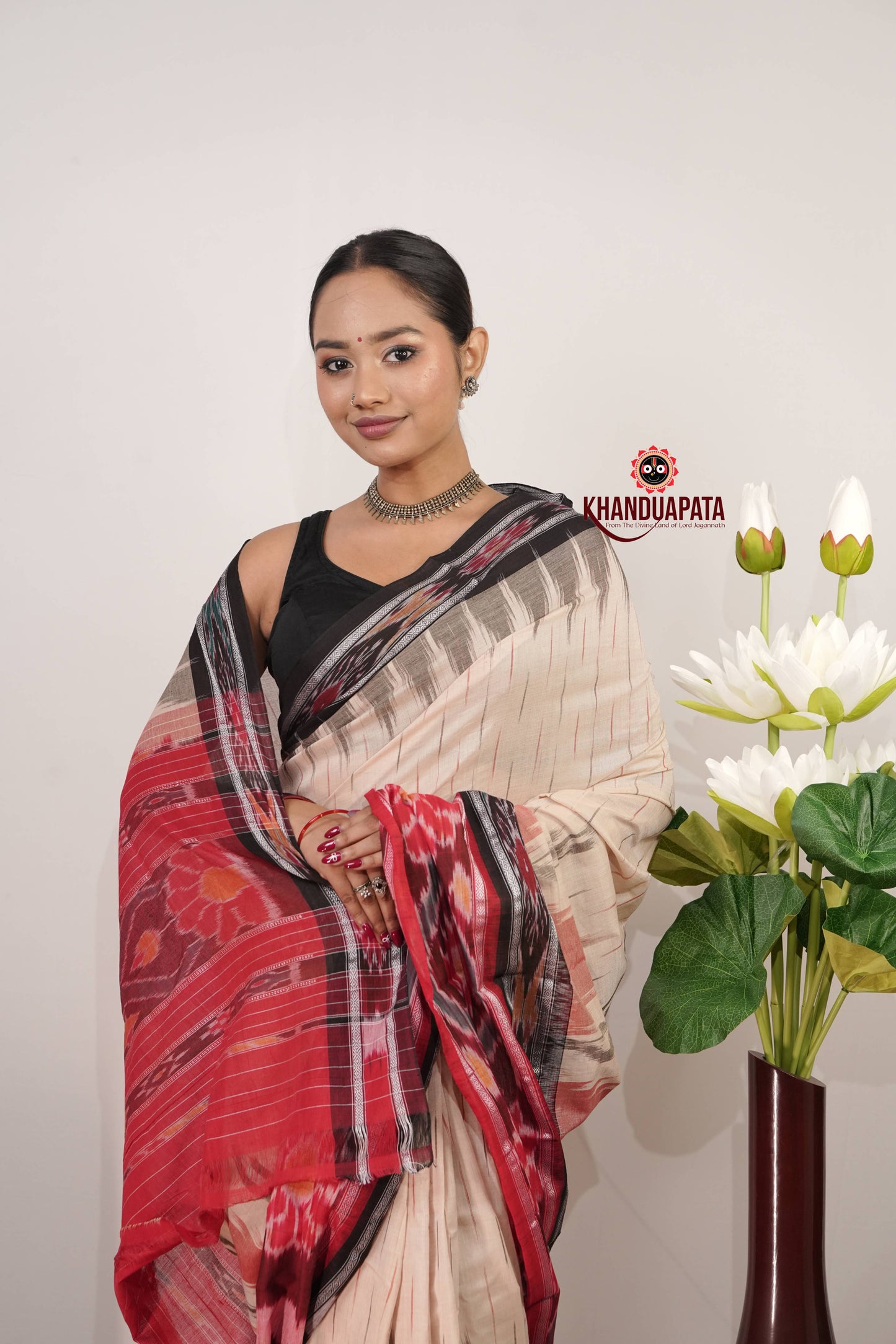 Beige & Red Body Design Cotton Saree For Women