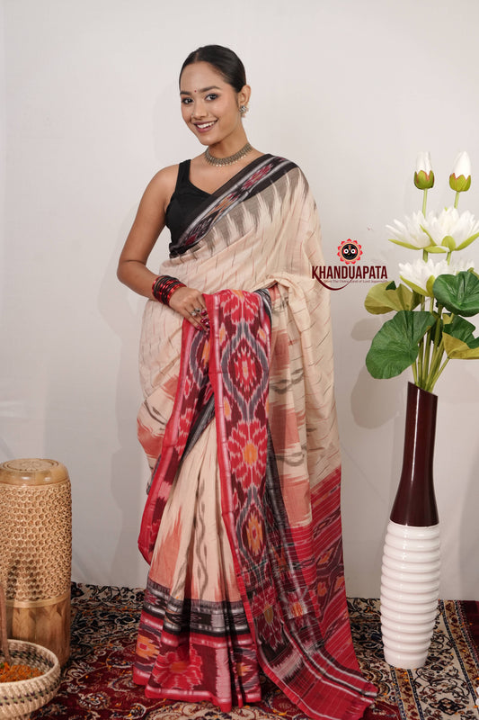 Beige & Red Body Design Cotton Saree For Women