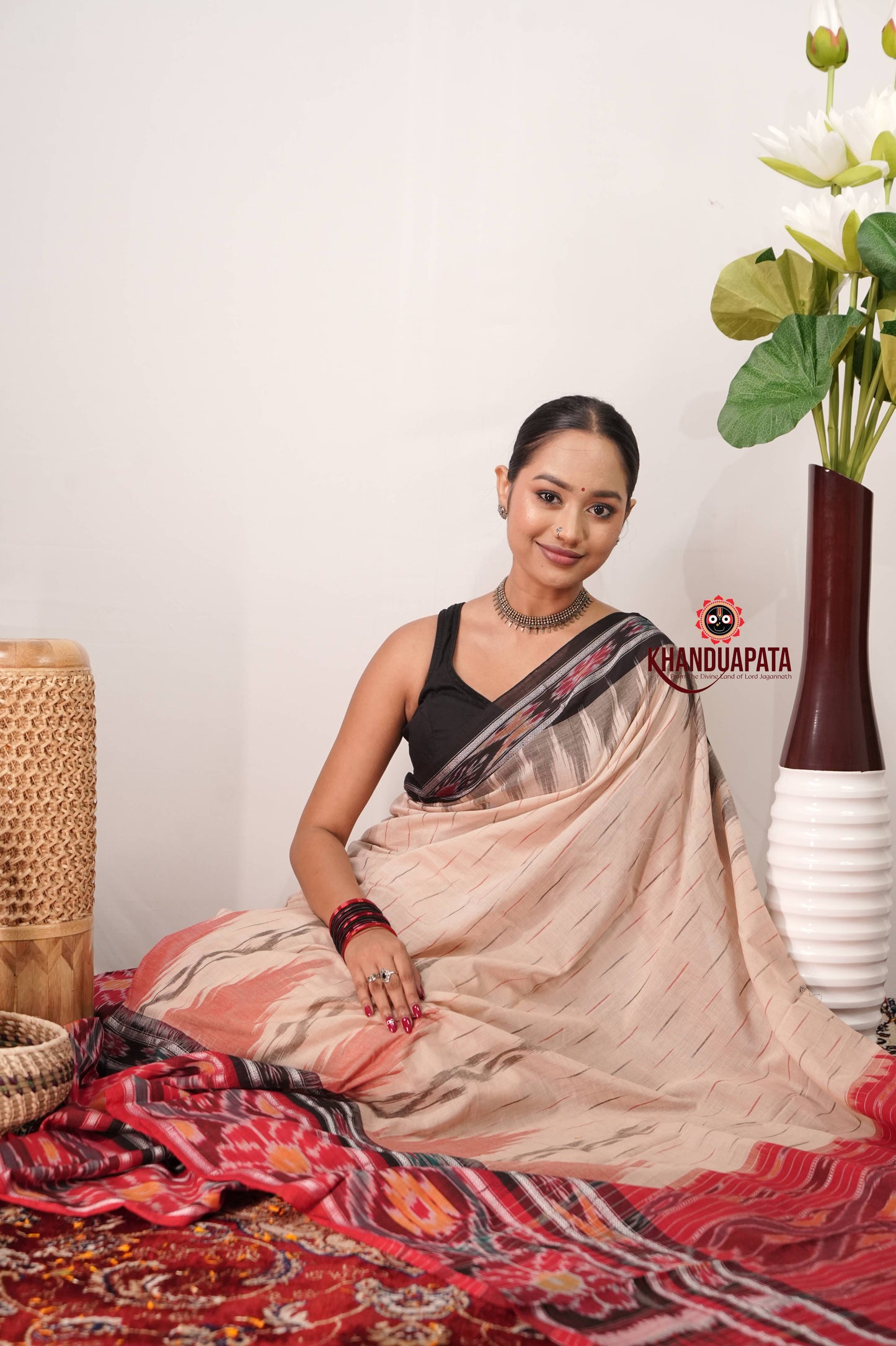 Beige & Red Body Design Cotton Saree For Women