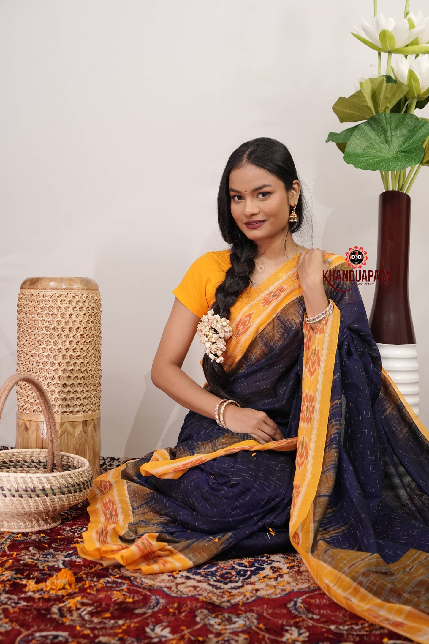 Blue & Yellow Minimal Design Cotton Saree For Women