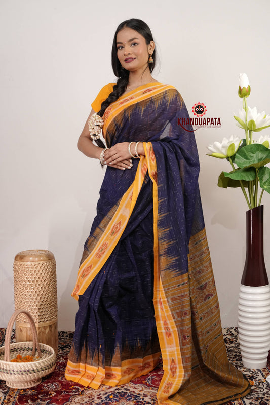 Blue & Yellow Minimal Design Cotton Saree For Women