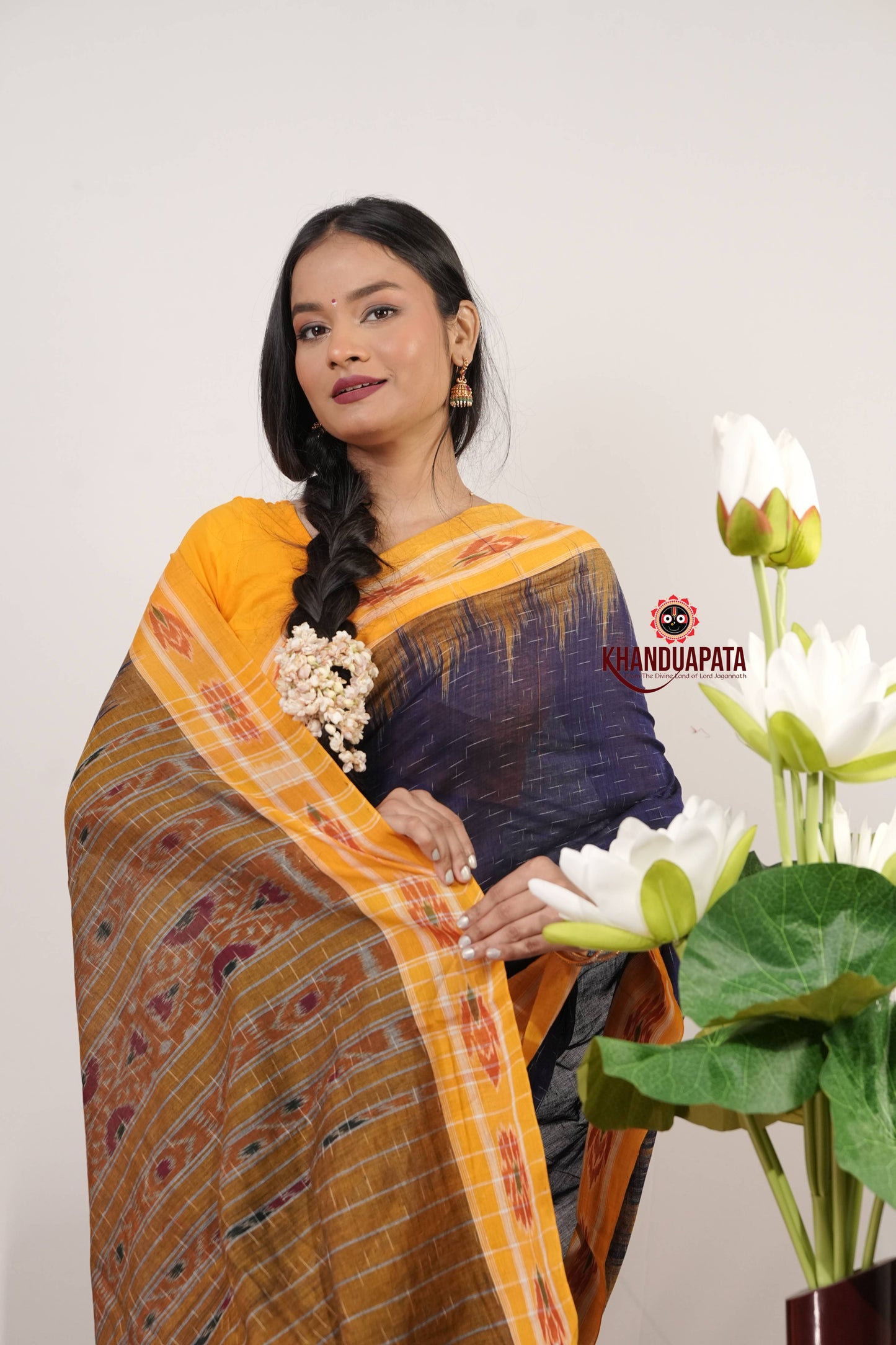 Blue & Yellow Minimal Design Cotton Saree For Women