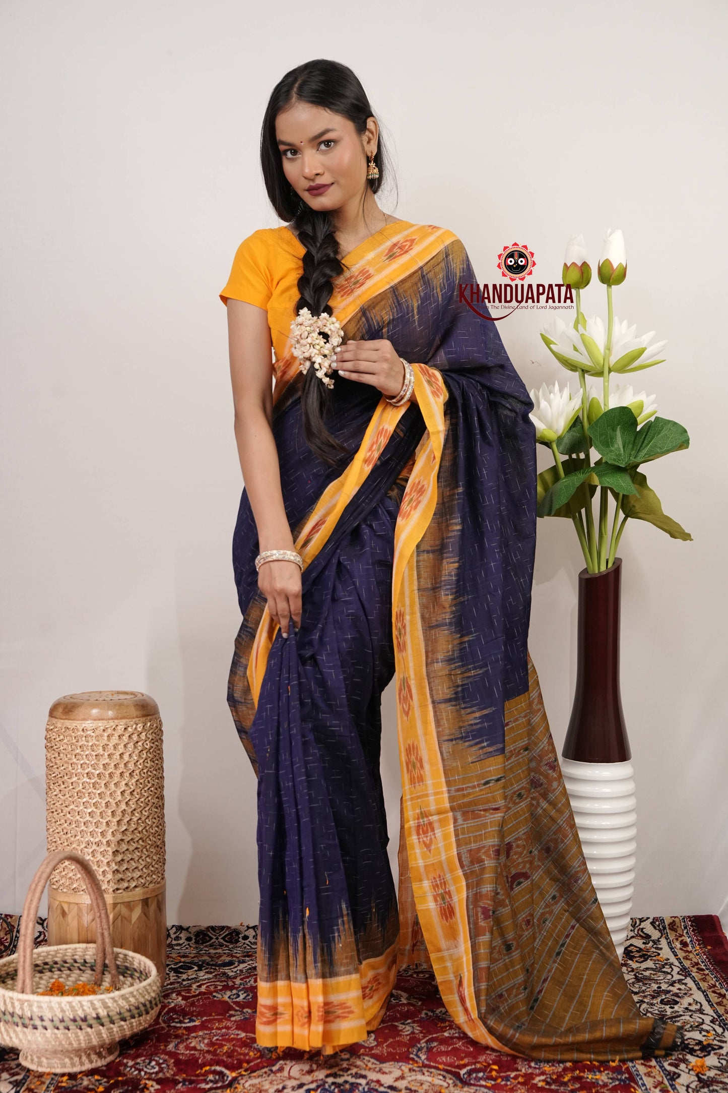 Blue & Yellow Minimal Design Cotton Saree For Women