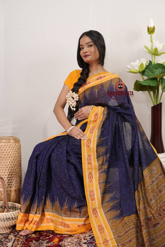 Blue & Yellow Minimal Design Cotton Saree For Women