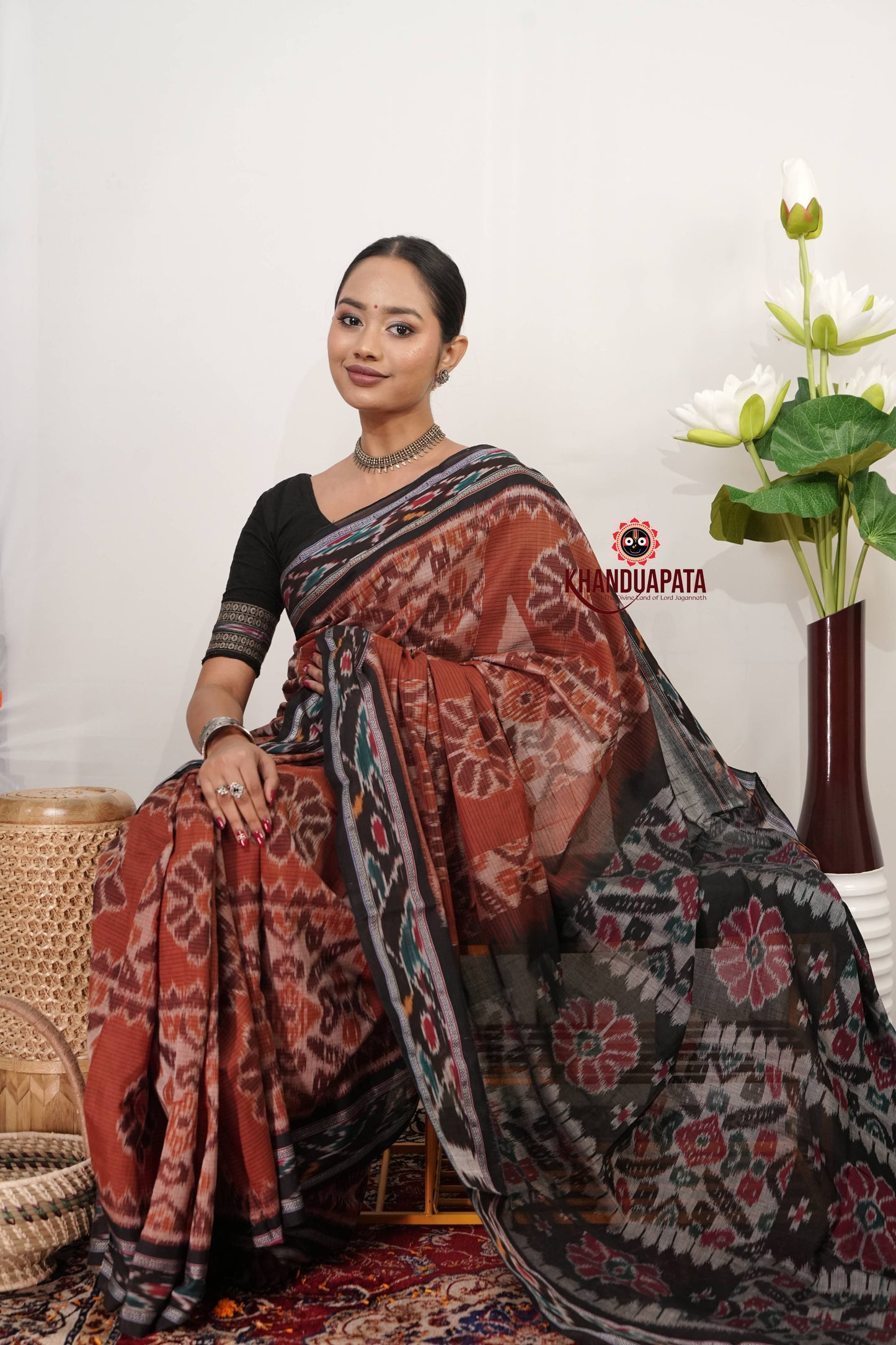 Black & Rust Orange Flower Design Cotton Saree For Women