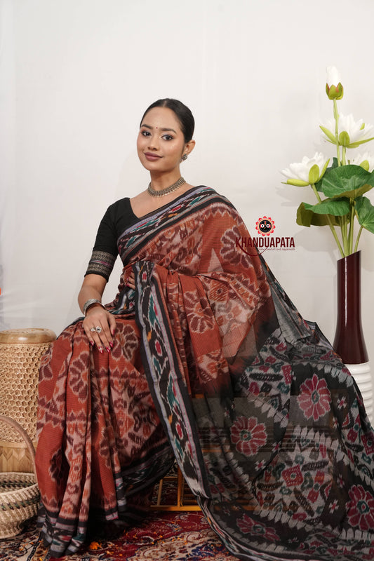 Black & Rust Orange Flower Design Cotton Saree For Women