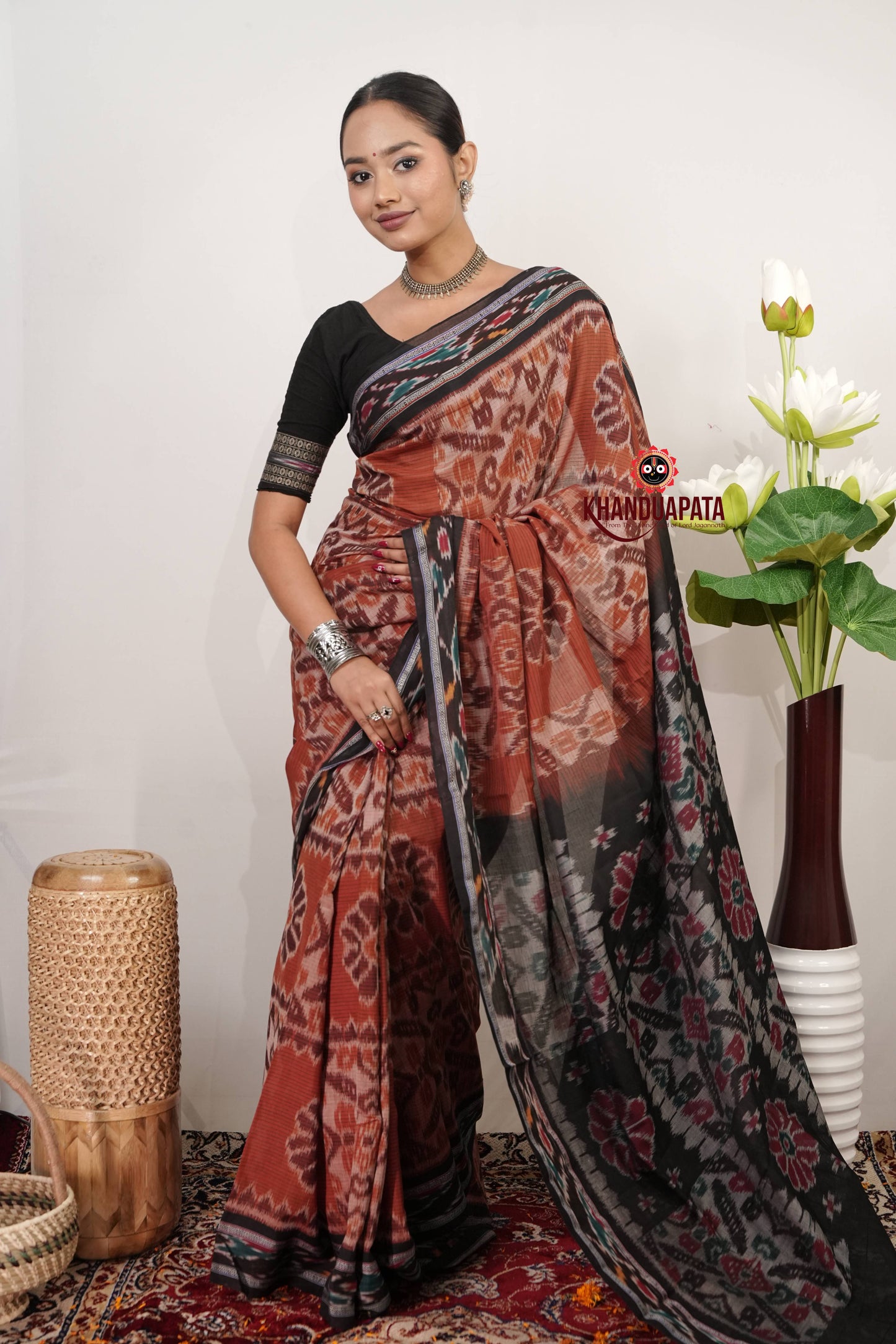 Black & Rust Orange Flower Design Cotton Saree For Women