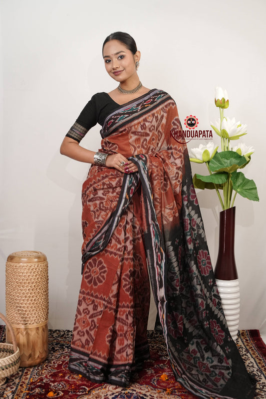 Black & Rust Orange Flower Design Cotton Saree For Women