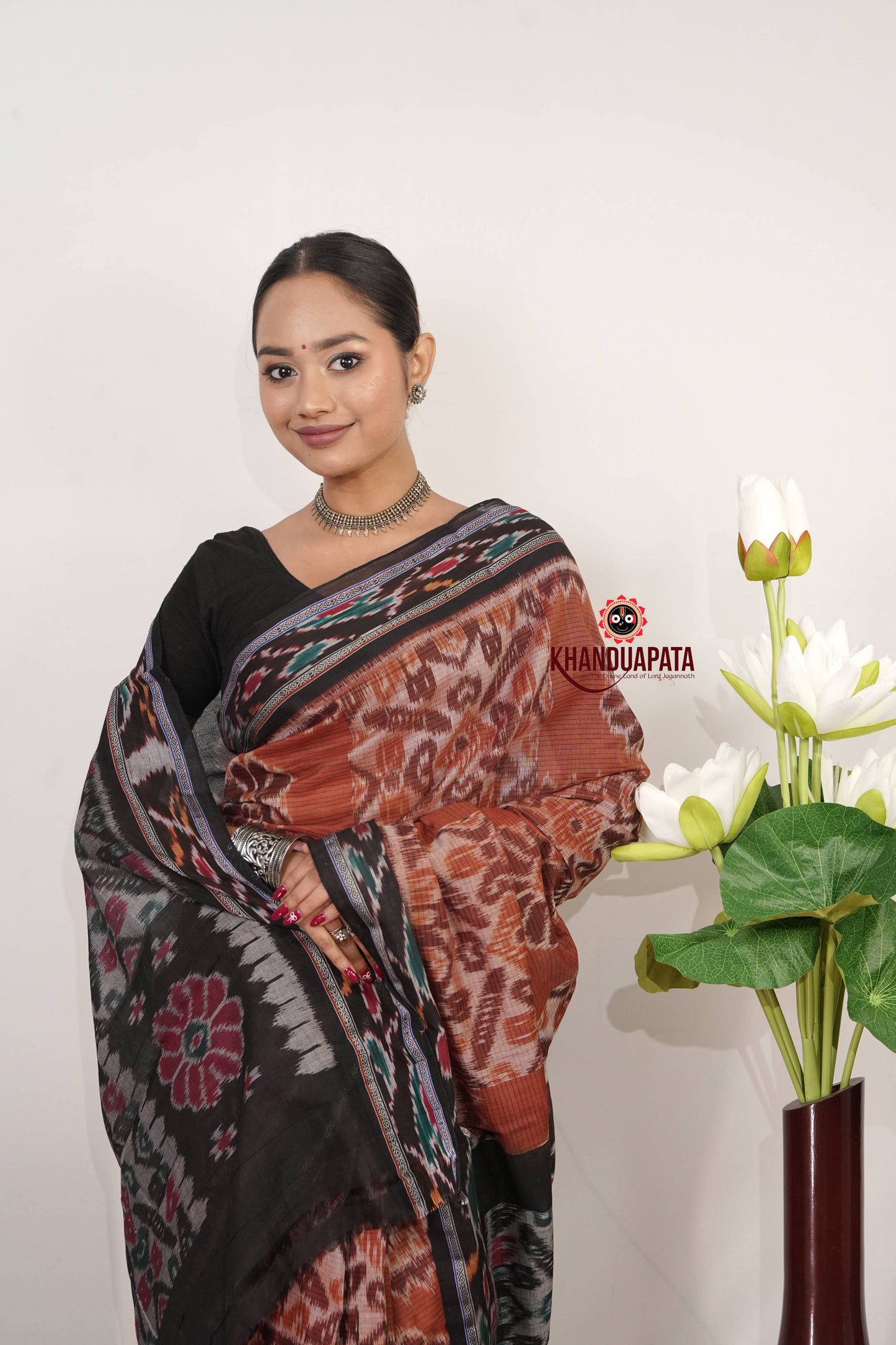 Black & Rust Orange Flower Design Cotton Saree For Women