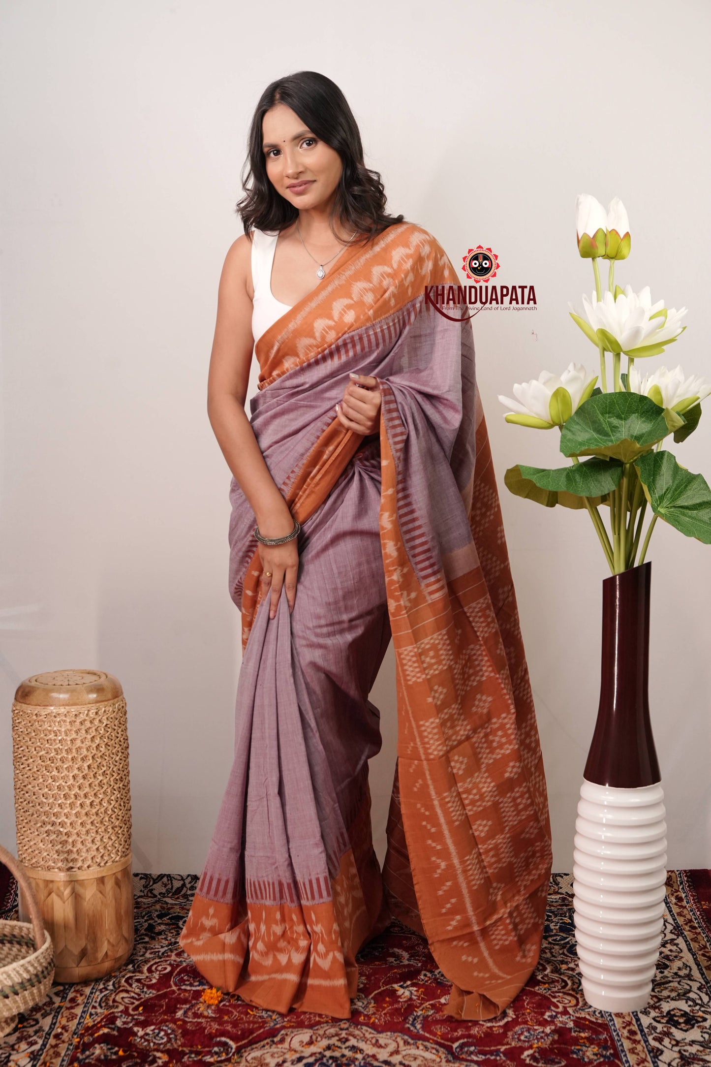 Mauve & Orange Colour Plain Cotton Saree For Women