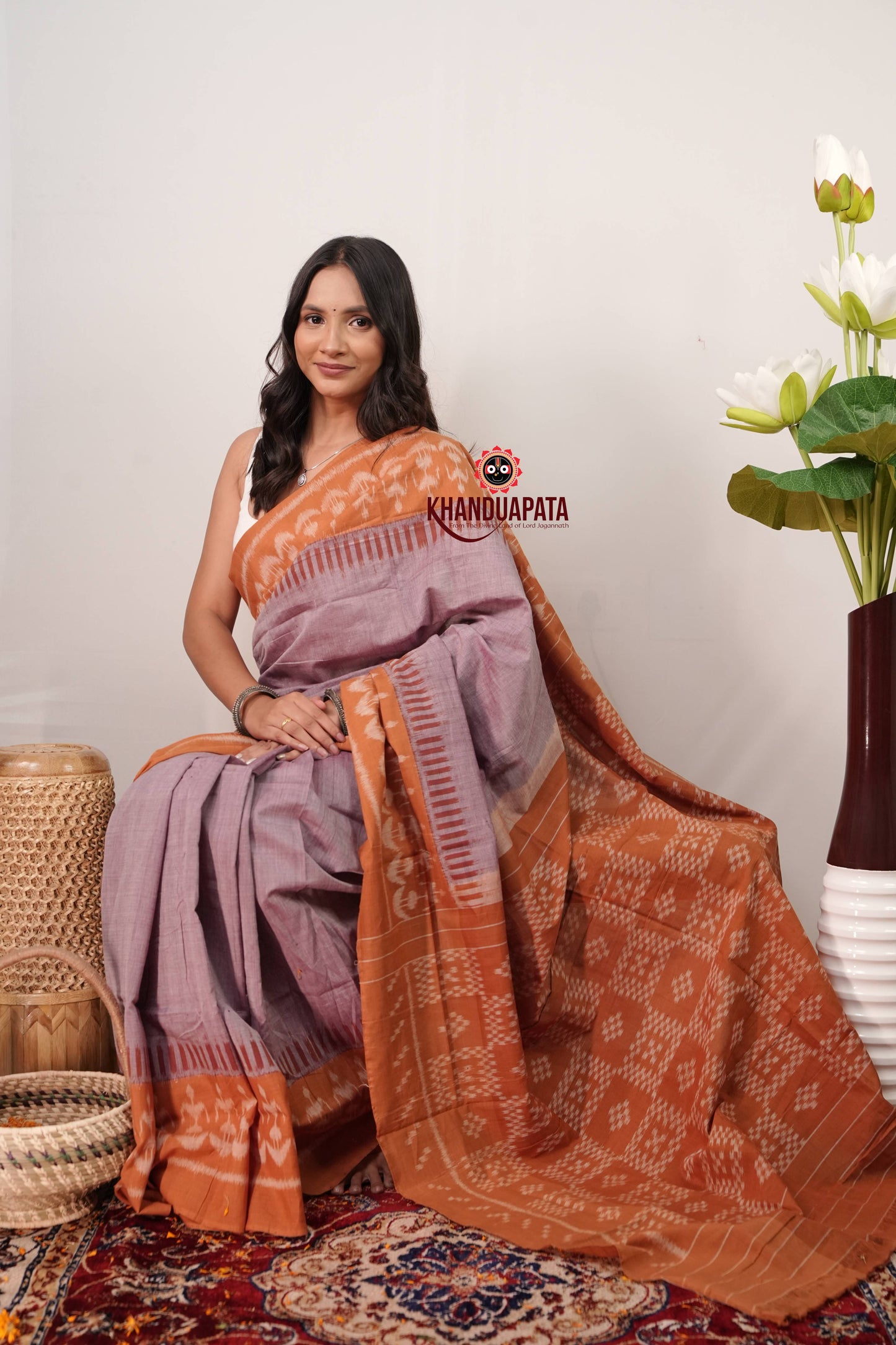 Mauve & Orange Colour Plain Cotton Saree For Women
