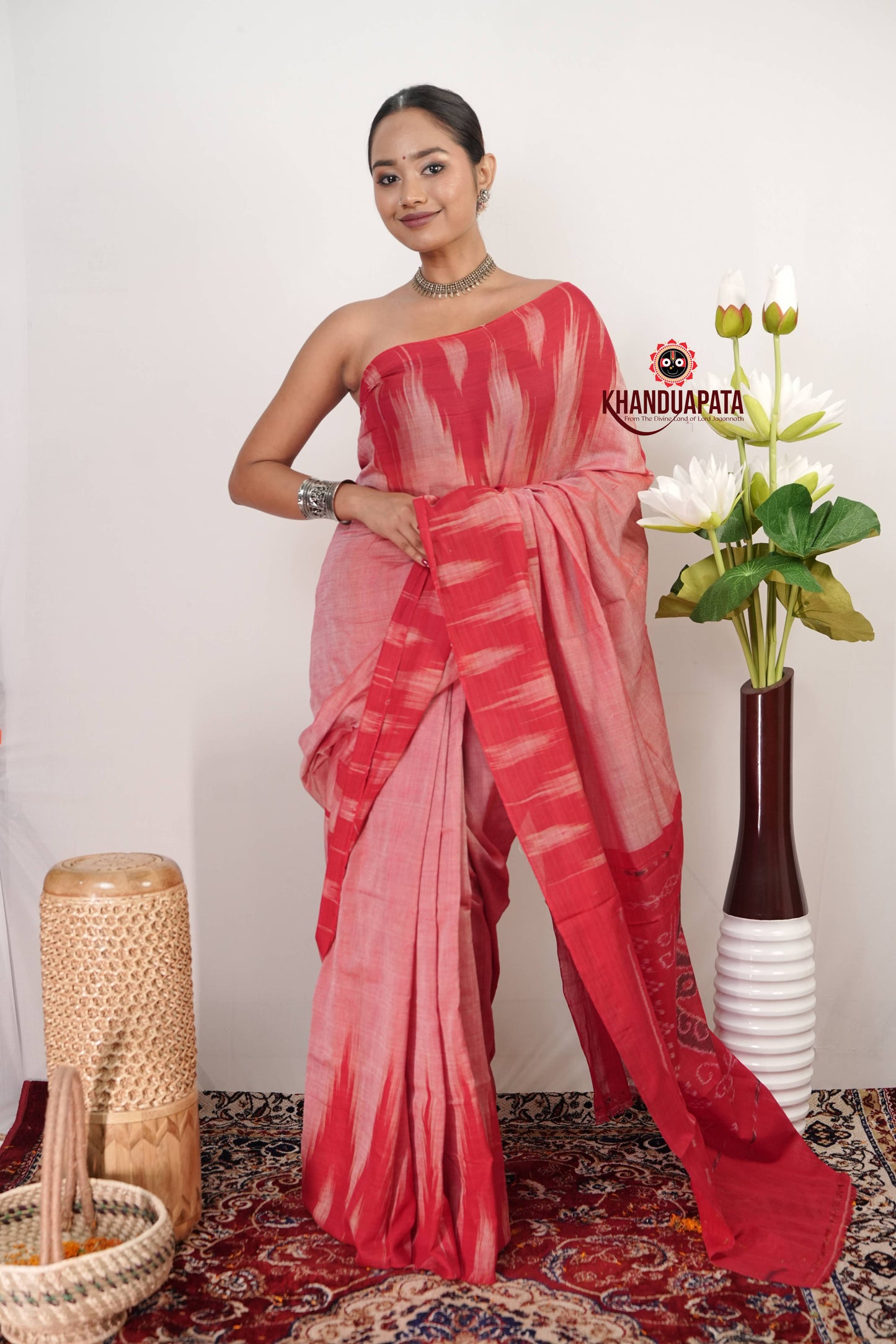 Coral Pink & Red Plain Cotton Saree For Women