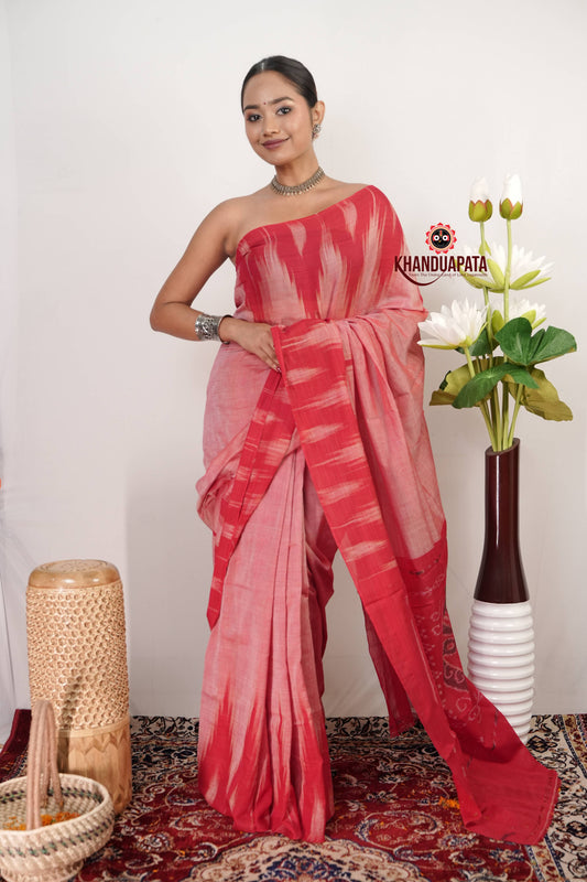 Coral Pink & Red Plain Cotton Saree For Women