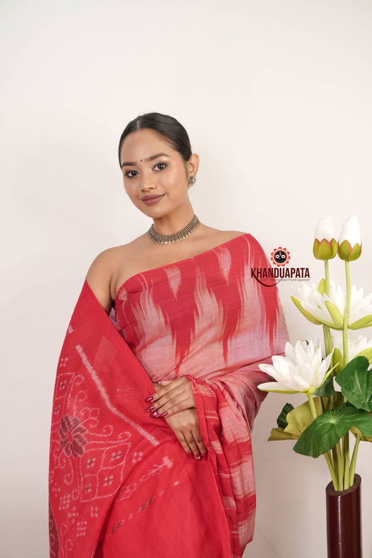 Coral Pink & Red Plain Cotton Saree For Women