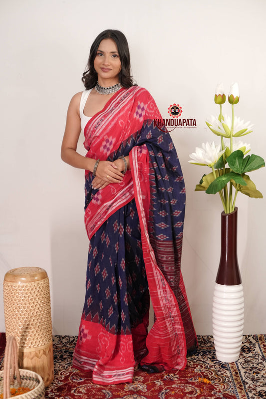 Blue & Red Plus Design Cotton Saree For Women