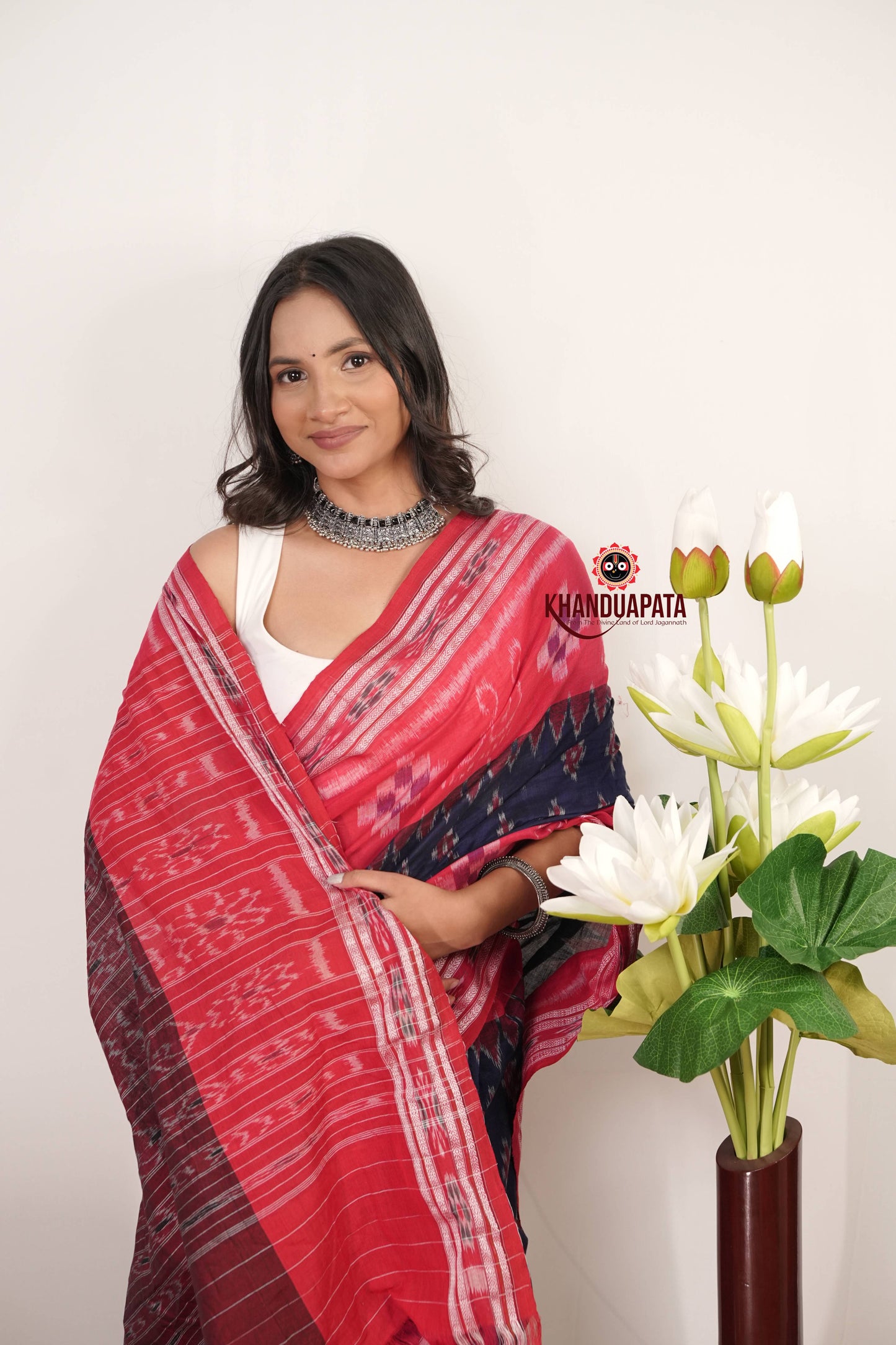 Blue & Red Plus Design Cotton Saree For Women
