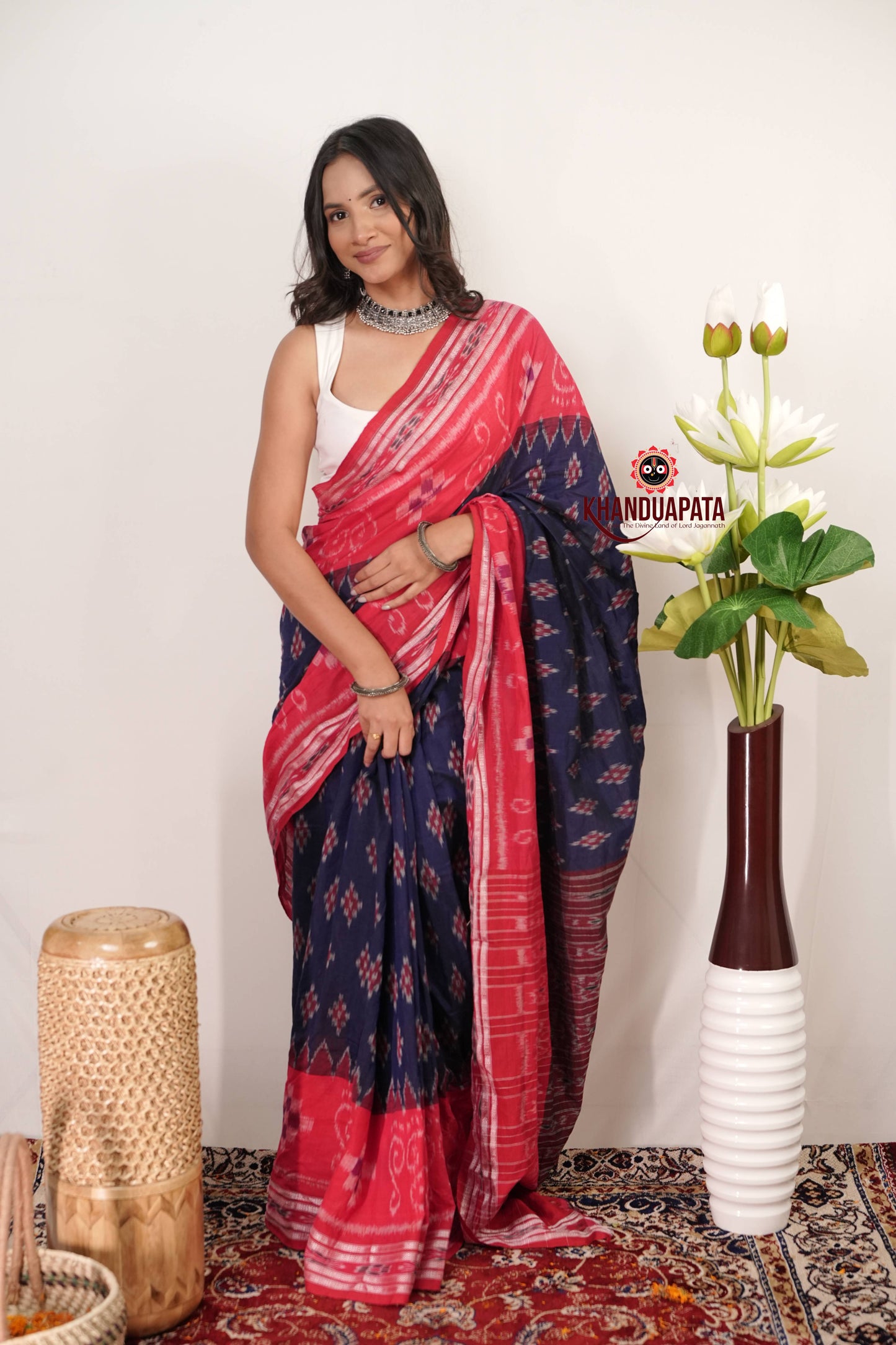 Blue & Red Plus Design Cotton Saree For Women