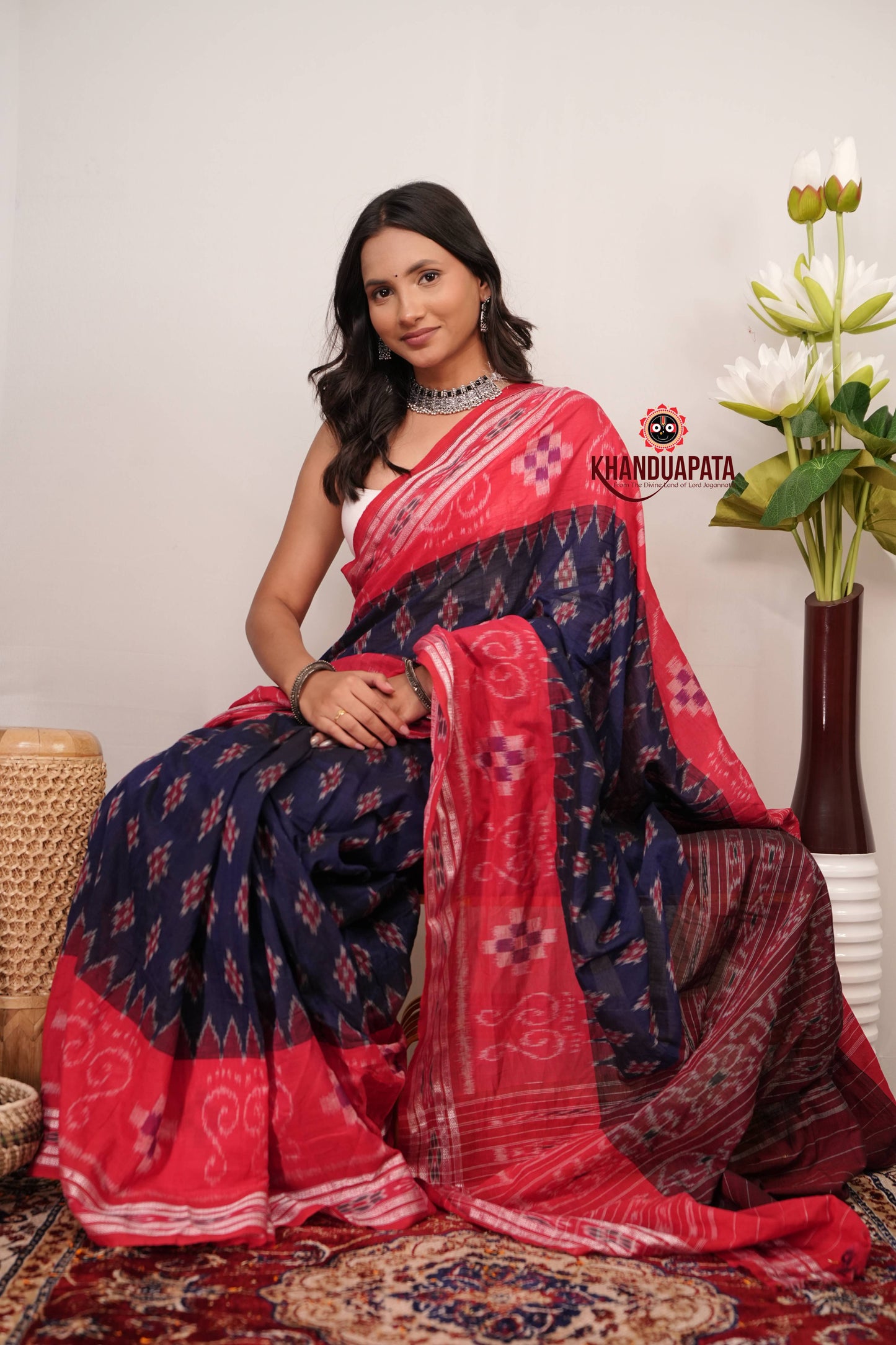 Blue & Red Plus Design Cotton Saree For Women