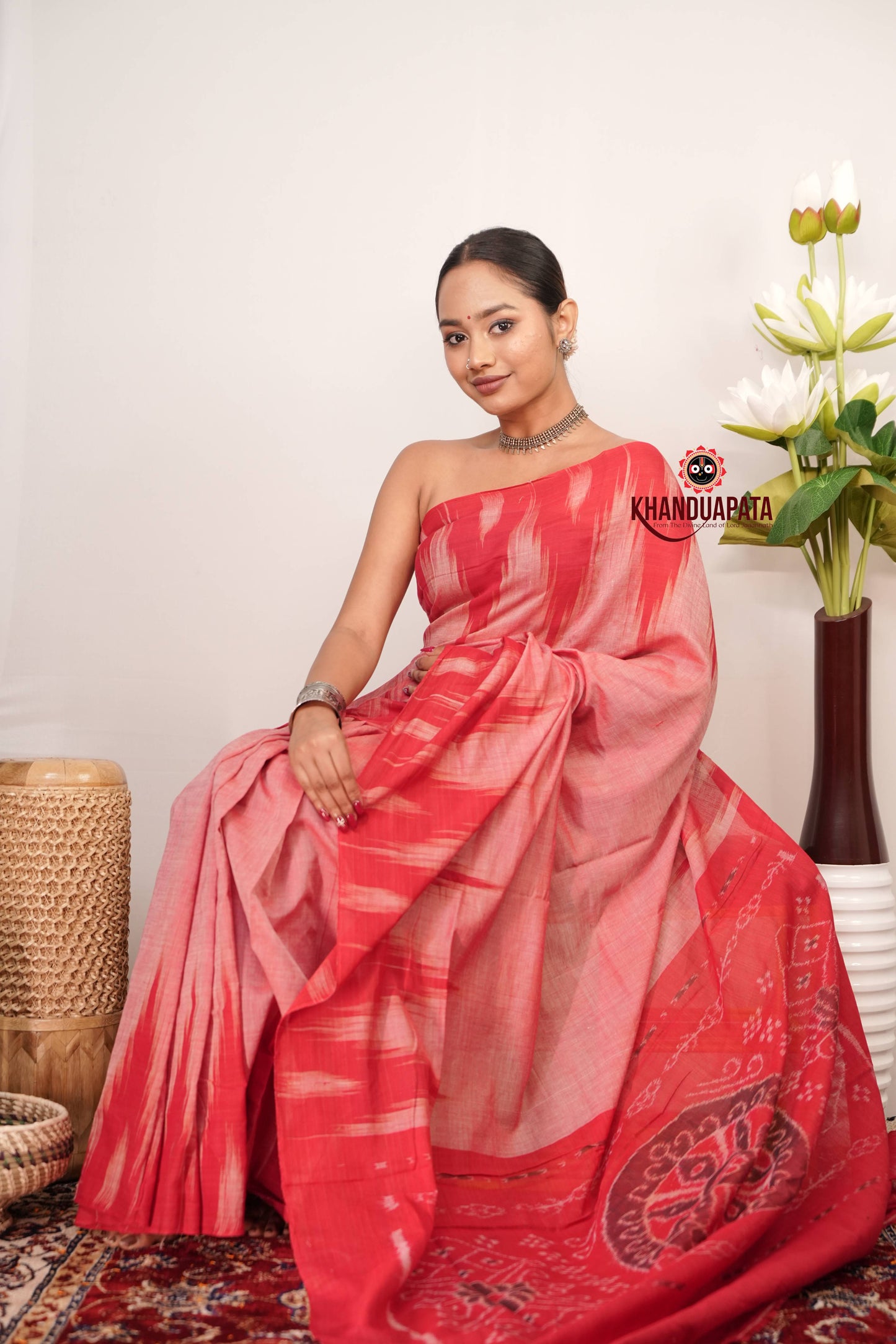 Coral Pink & Red Plain Cotton Saree For Women