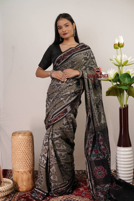 Olive Grey & Black Flower Design Cotton Saree For Women