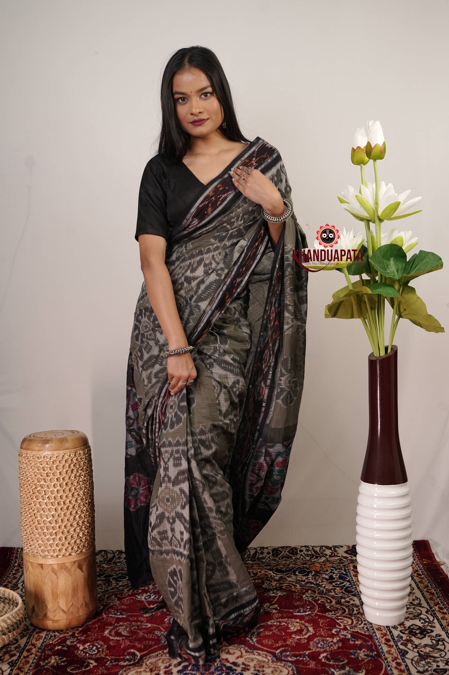 Olive Grey & Black Flower Design Cotton Saree For Women
