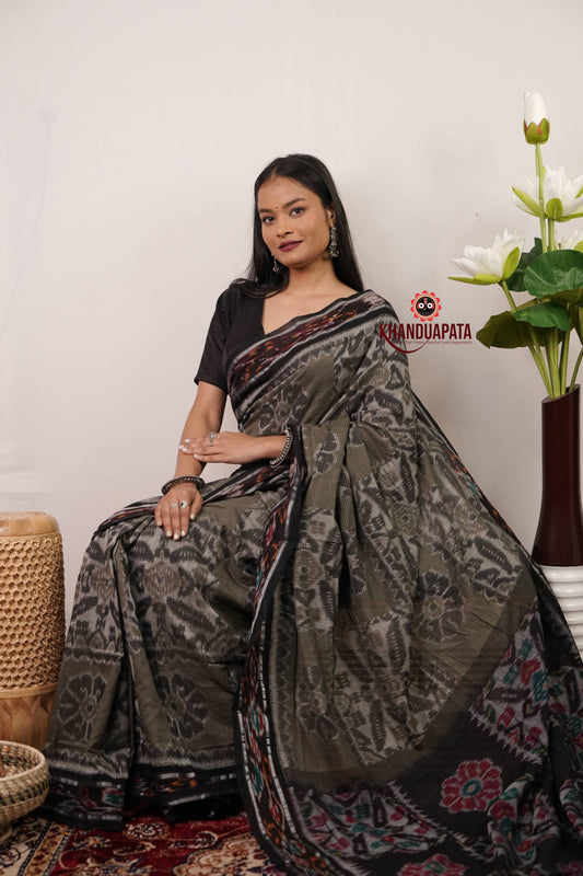 Olive Grey & Black Flower Design Cotton Saree For Women