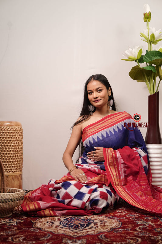 Blue & Red Box Pasapali Design Cotton Saree For Women