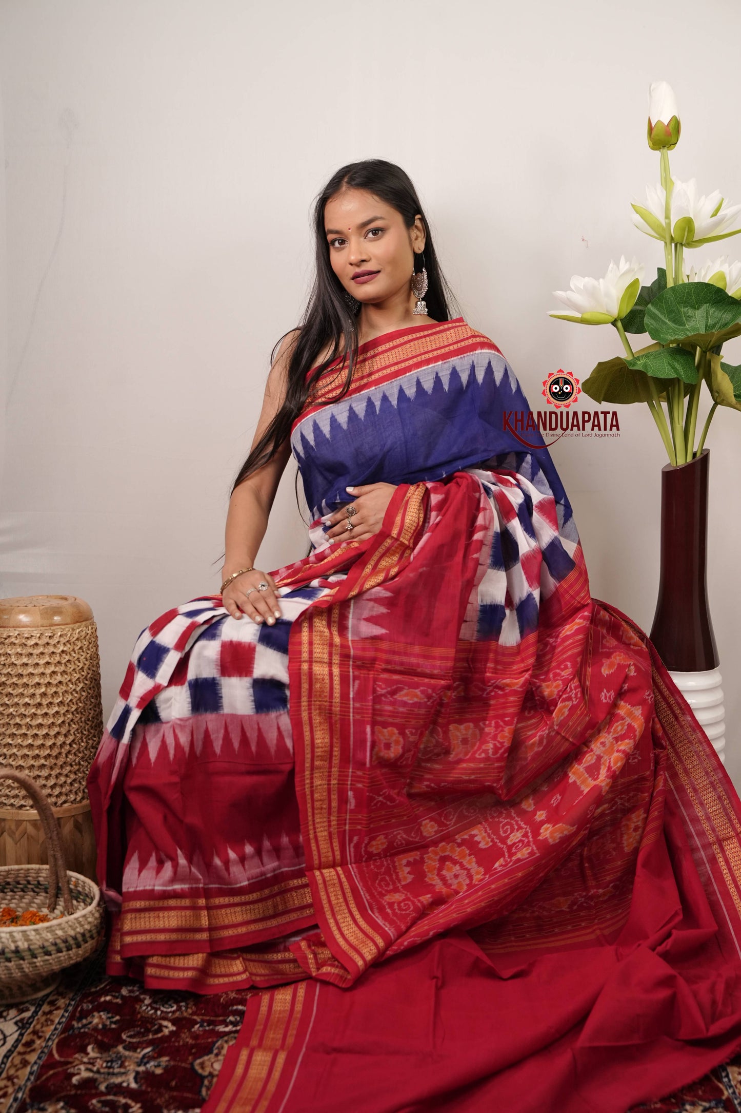 Blue & Red Box Pasapali Design Cotton Saree For Women