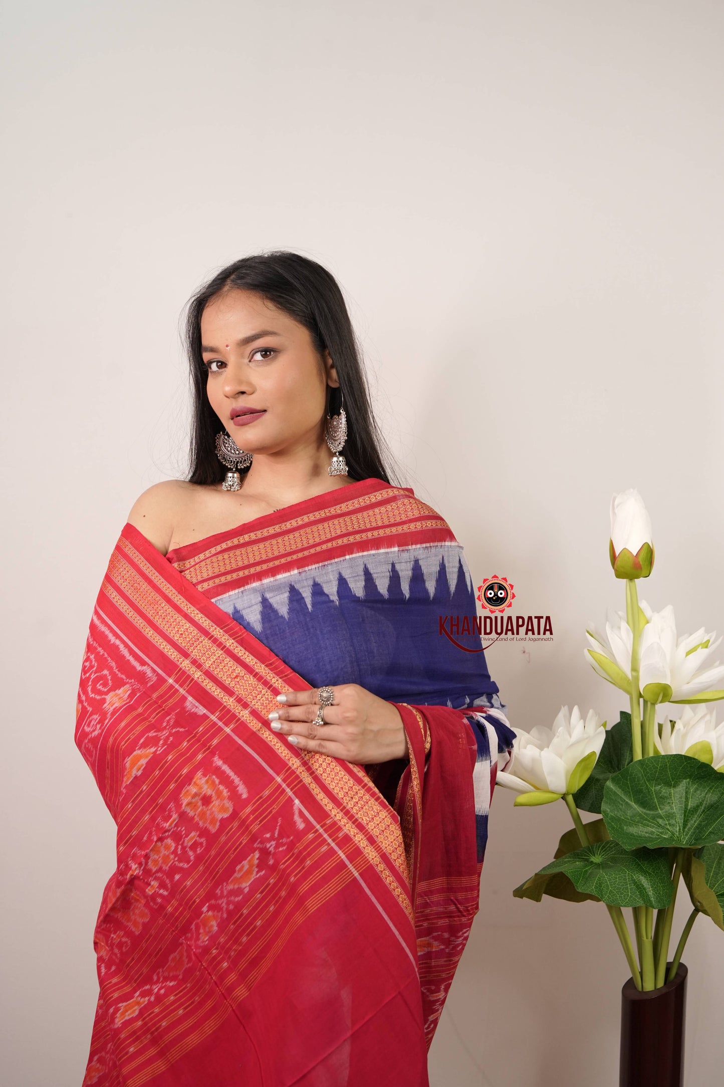 Blue & Red Box Pasapali Design Cotton Saree For Women