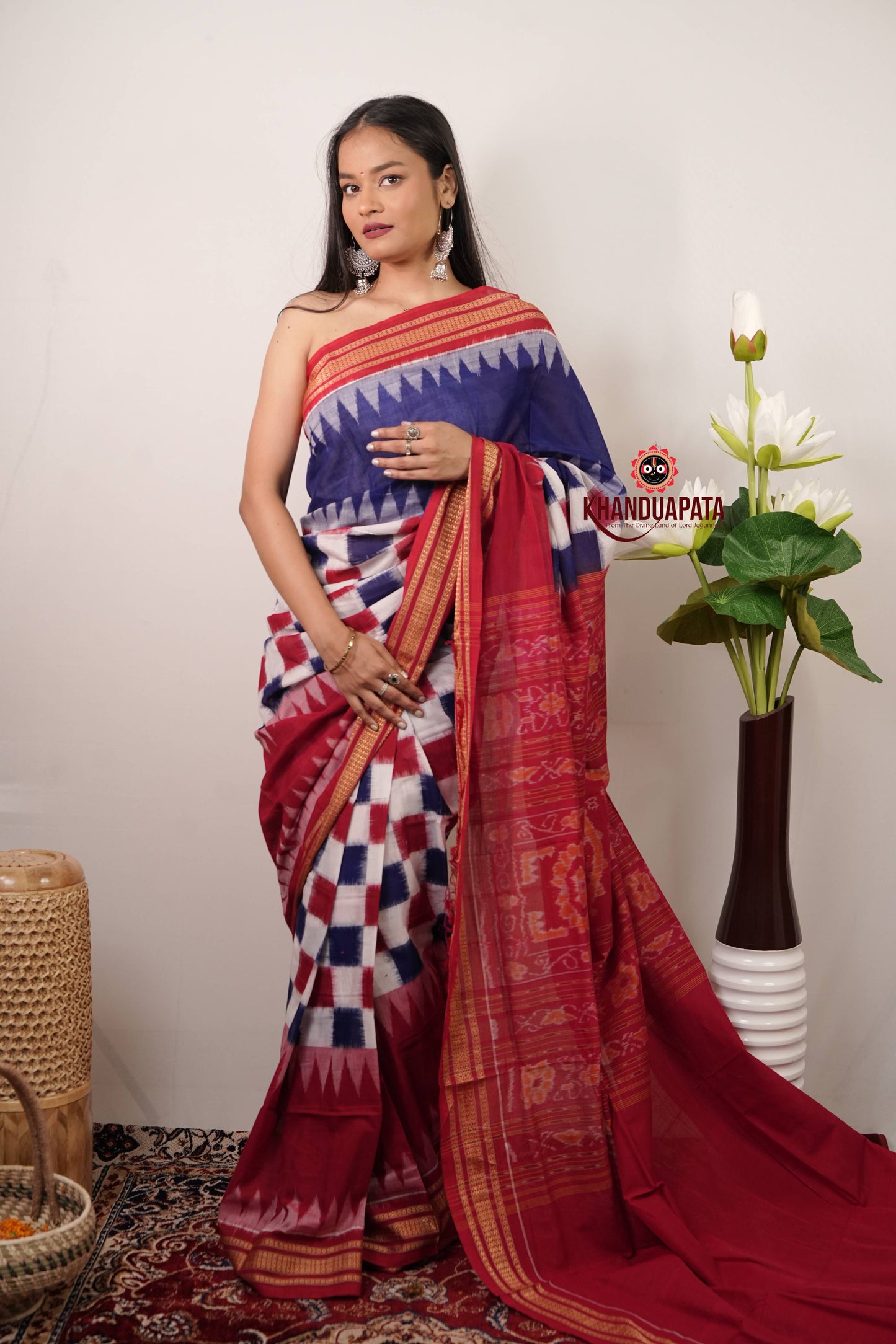 Blue & Red Box Pasapali Design Cotton Saree For Women