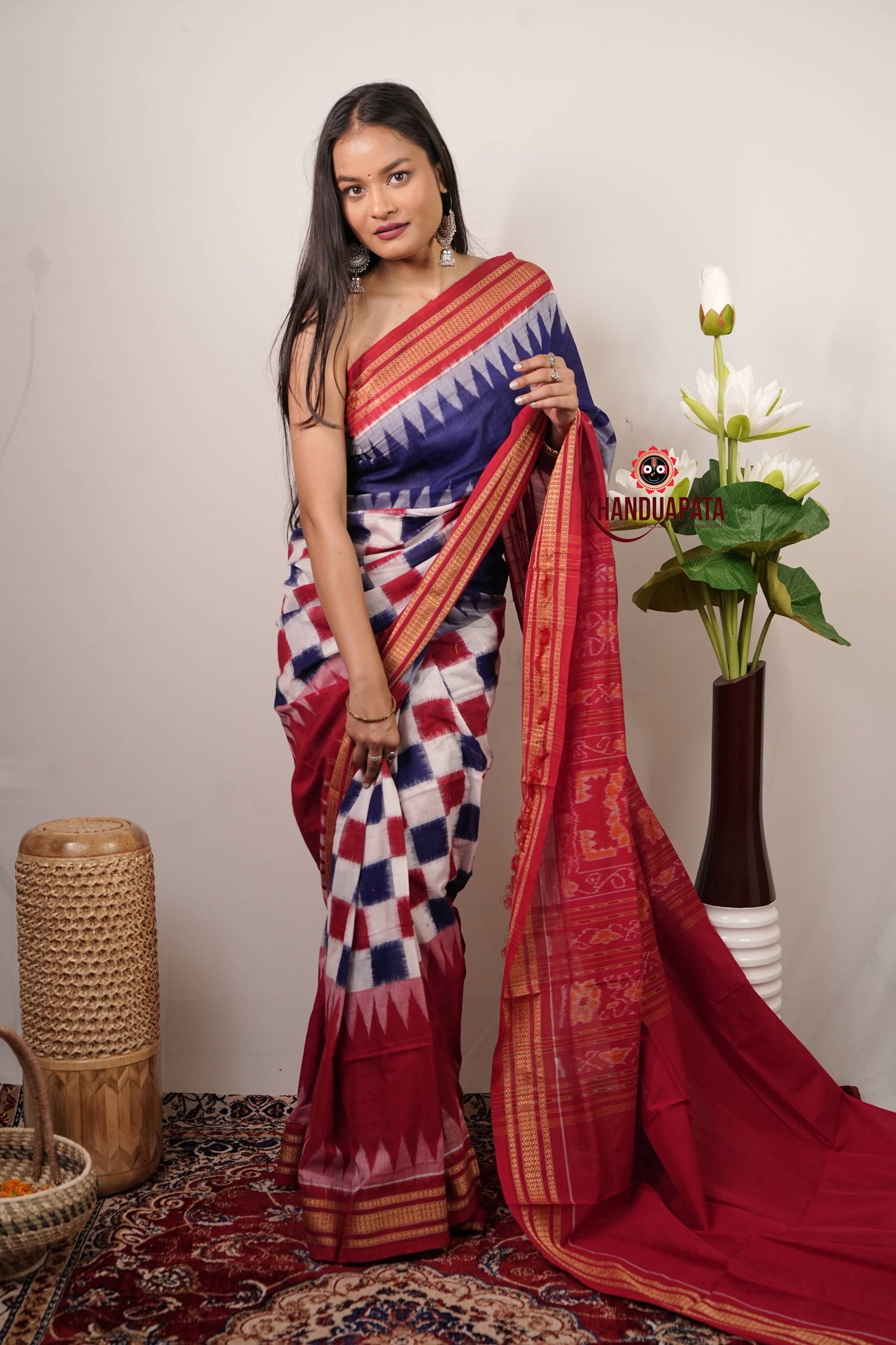 Blue & Red Box Pasapali Design Cotton Saree For Women