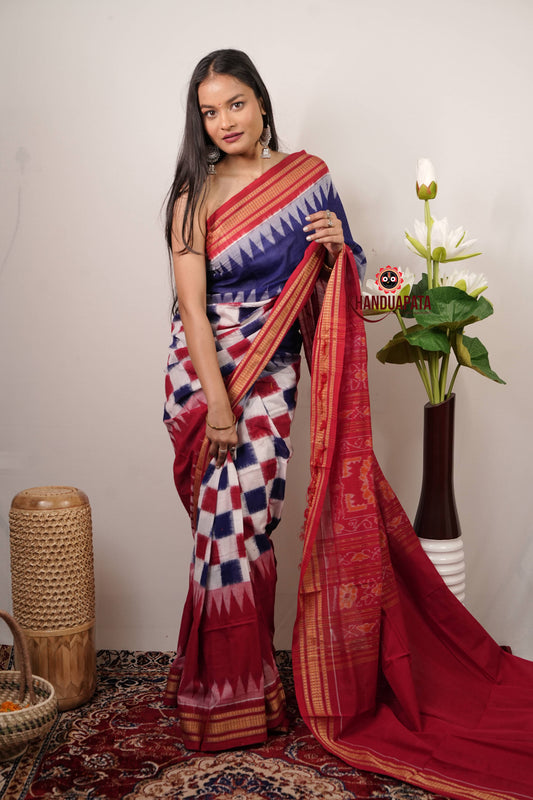 Blue & Red Box Pasapali Design Cotton Saree For Women