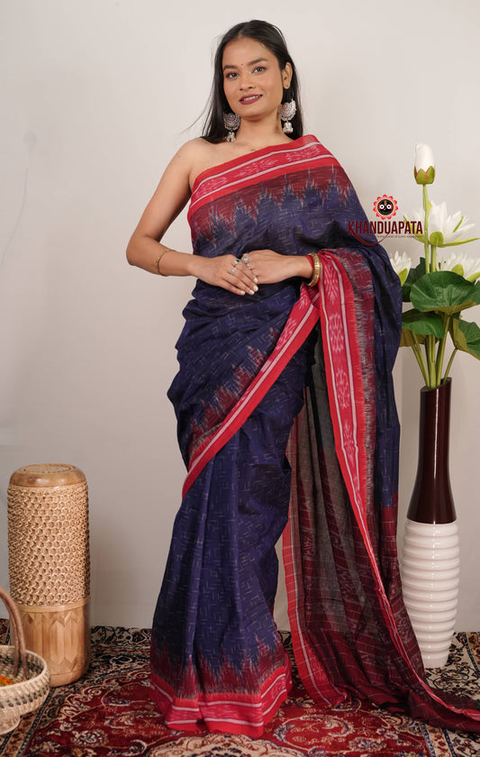 Blue & Red Minimal Design Cotton Saree For Women