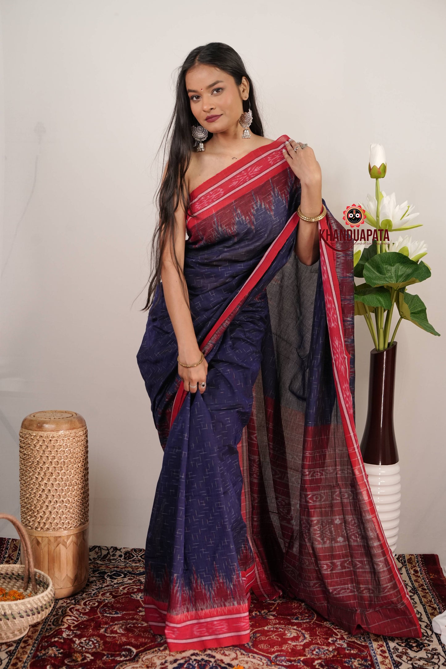 Blue & Red Minimal Design Cotton Saree For Women