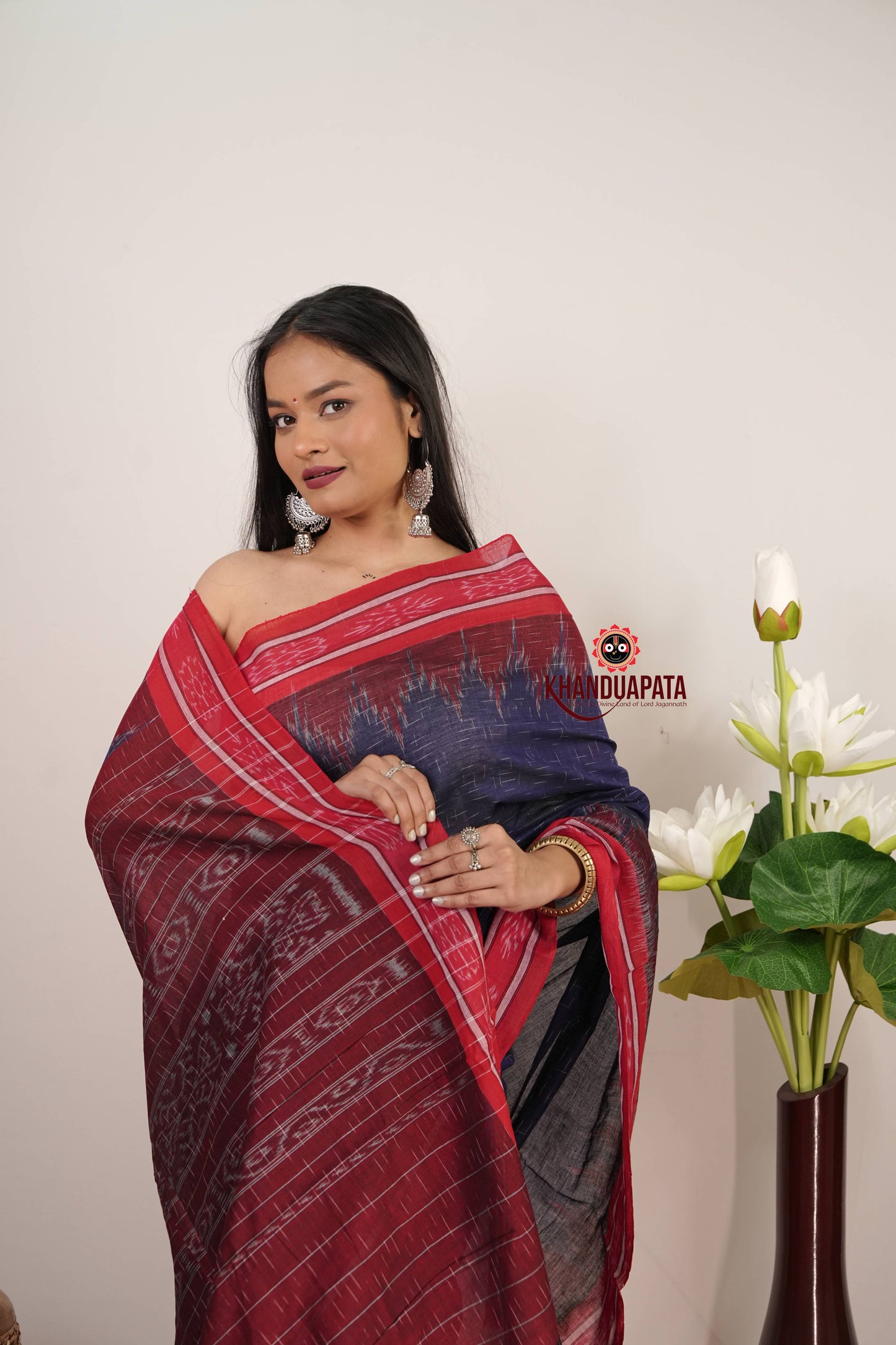 Blue & Red Minimal Design Cotton Saree For Women