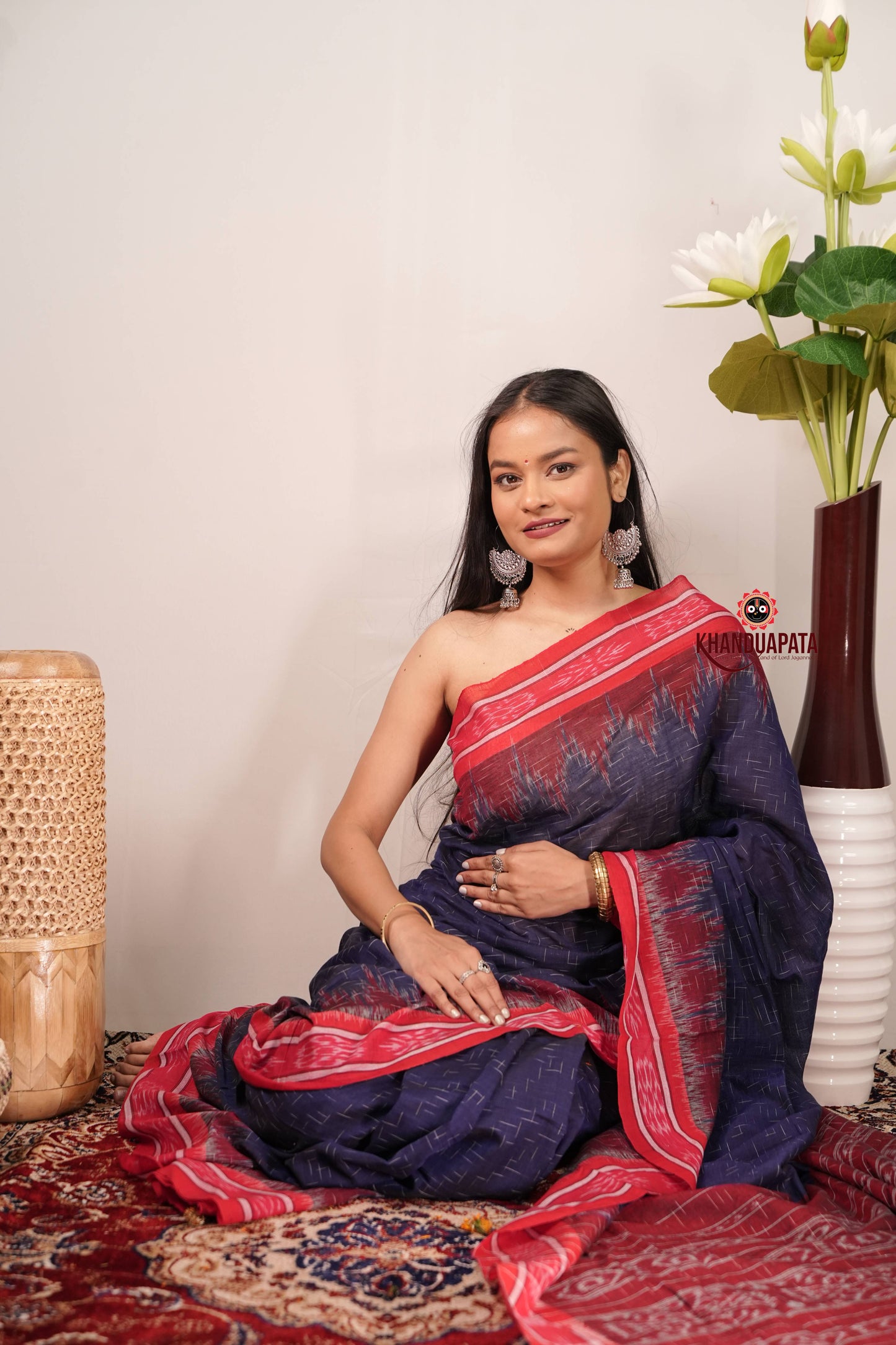 Blue & Red Minimal Design Cotton Saree For Women