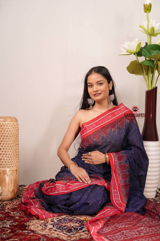 Blue & Red Minimal Design Cotton Saree For Women