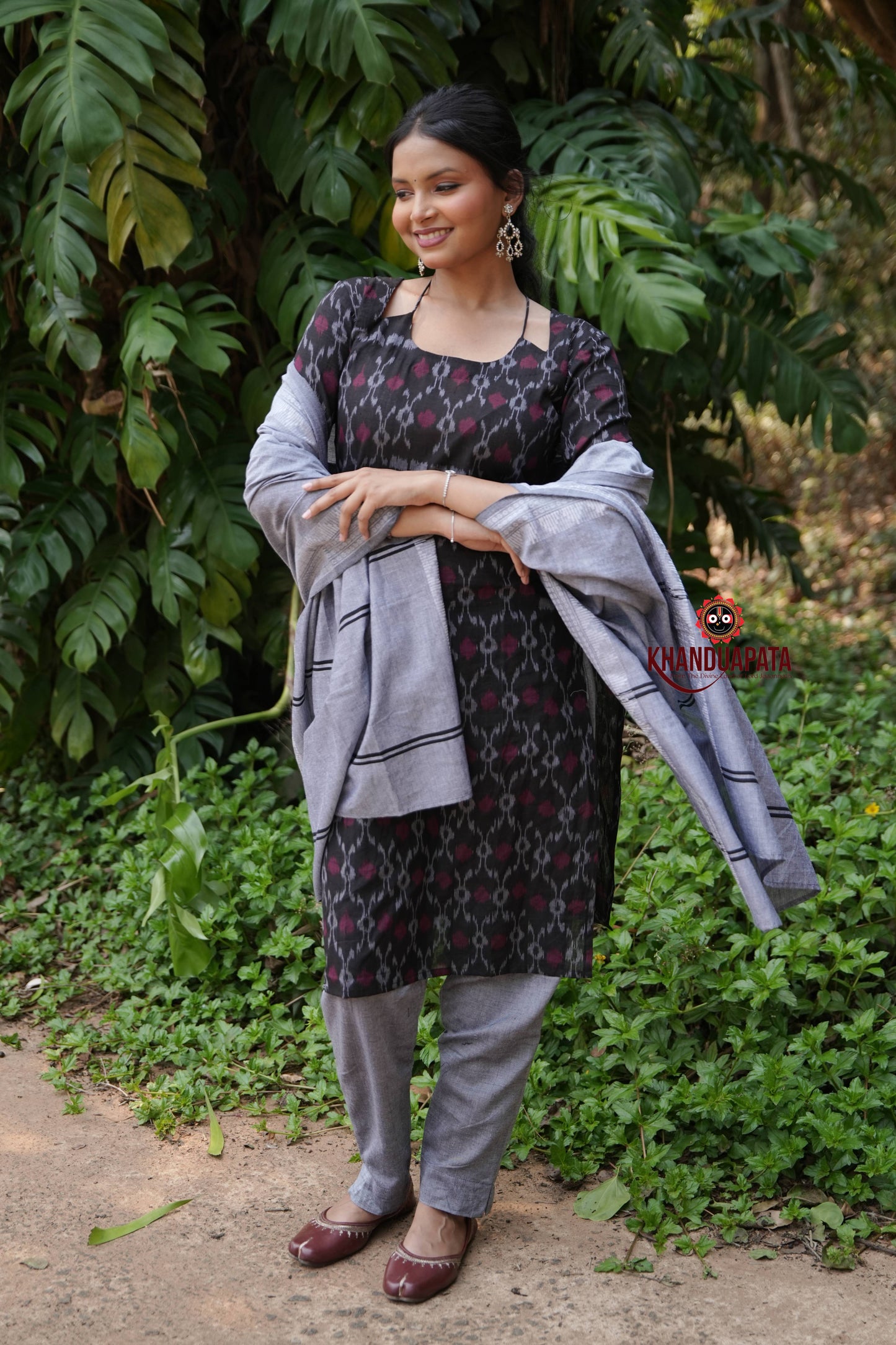 Black & Maroon Flower Design Unstitched Cotton Suit For Women
