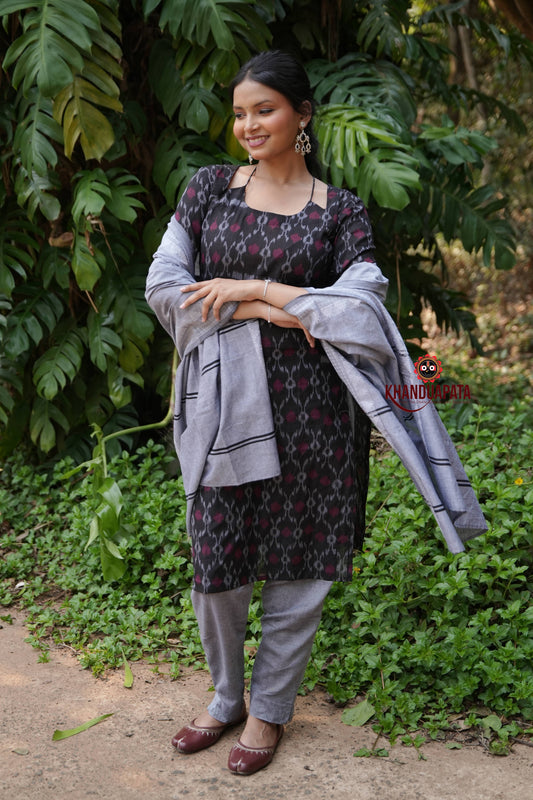Black & Maroon Flower Design Unstitched Cotton Suit For Women