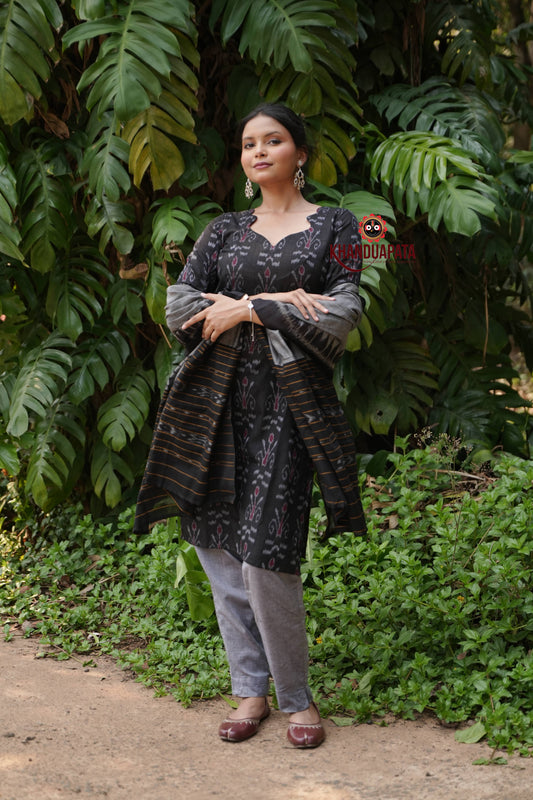 Black & Grey Flower Design Unstitched Cotton Suit For Women
