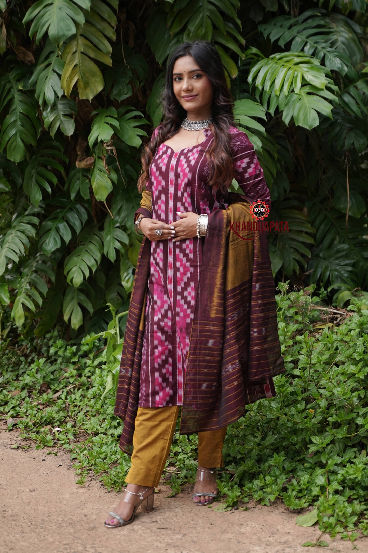Maroon & Mustard Body Design Unstitched Cotton Suit For Women